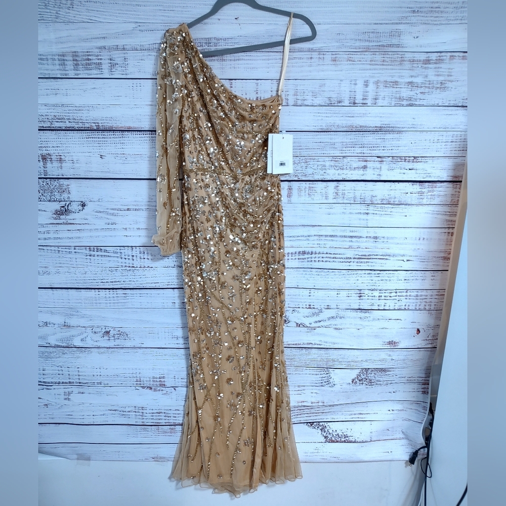Mac Duggal 5659 Gold One Shoulder Embellished Gown Size 4 $598 NWT - Picture 4 of 8